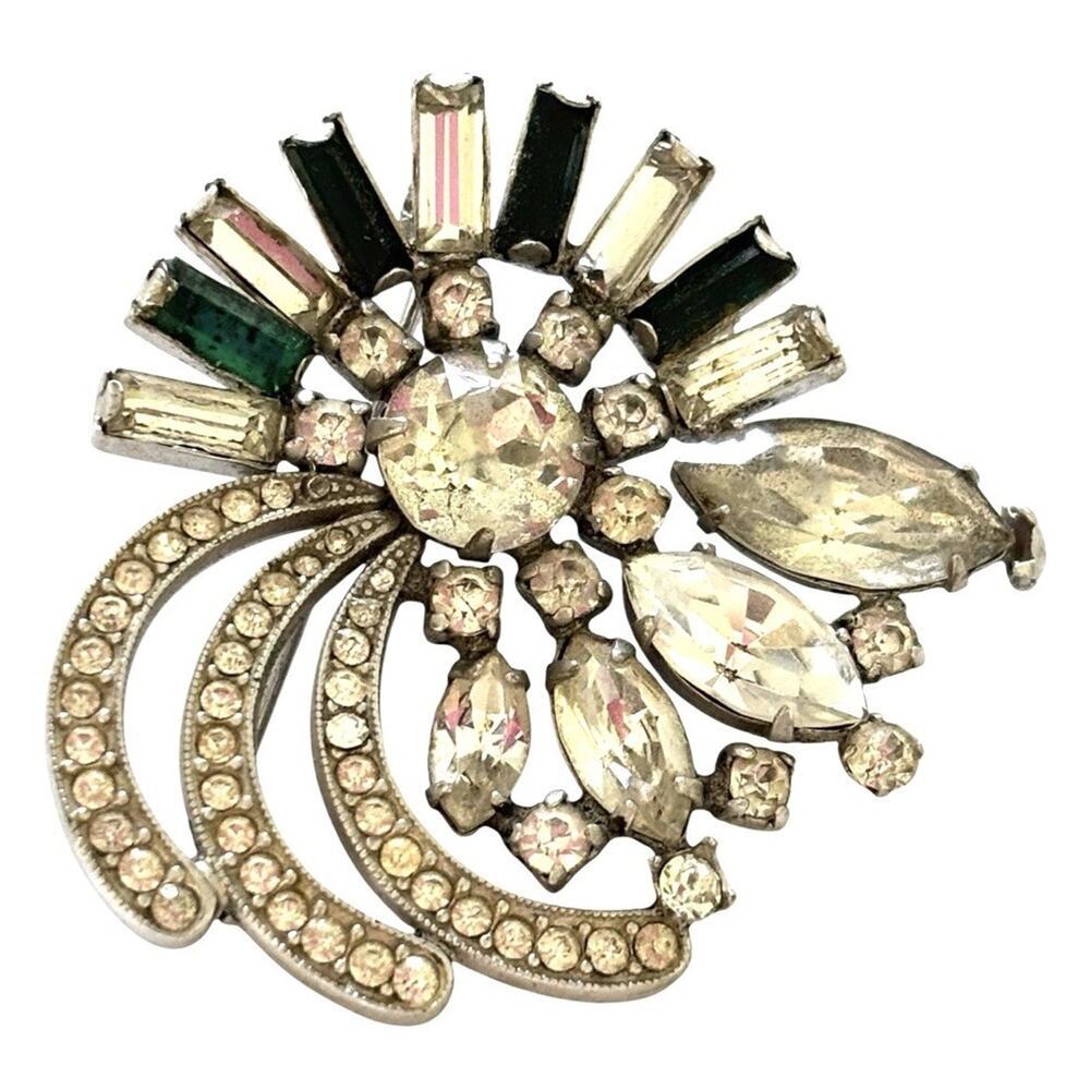 Kramer of NY New York Signed Green Clear Art Deco Rhinestone Spray Brooch Pin
